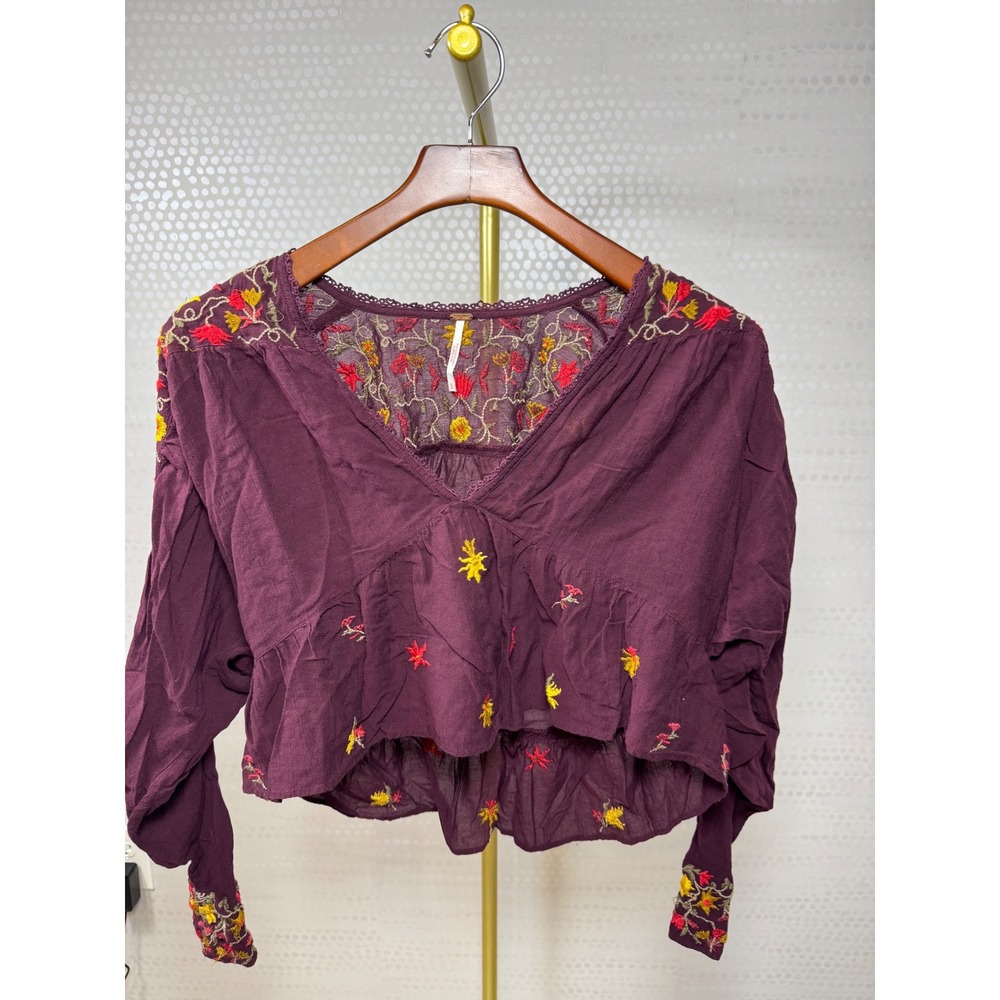 Free People Ava Embroidered Blouse Plum Purple Floral Boho V-Neck Top Small